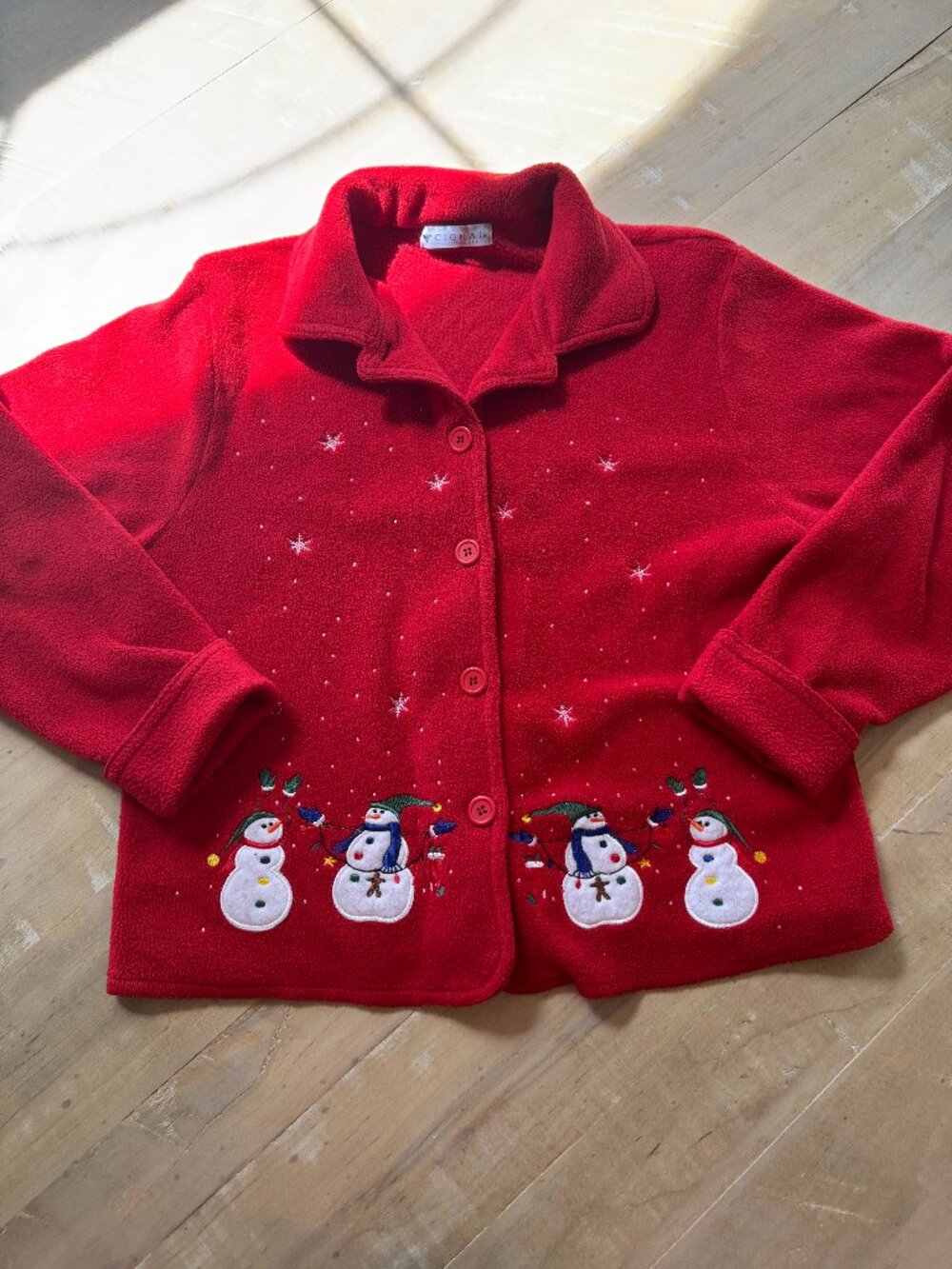 Vintage Cignal Red Fleece Jacket | Embroidered Snowman Winter Christmas Cardigan